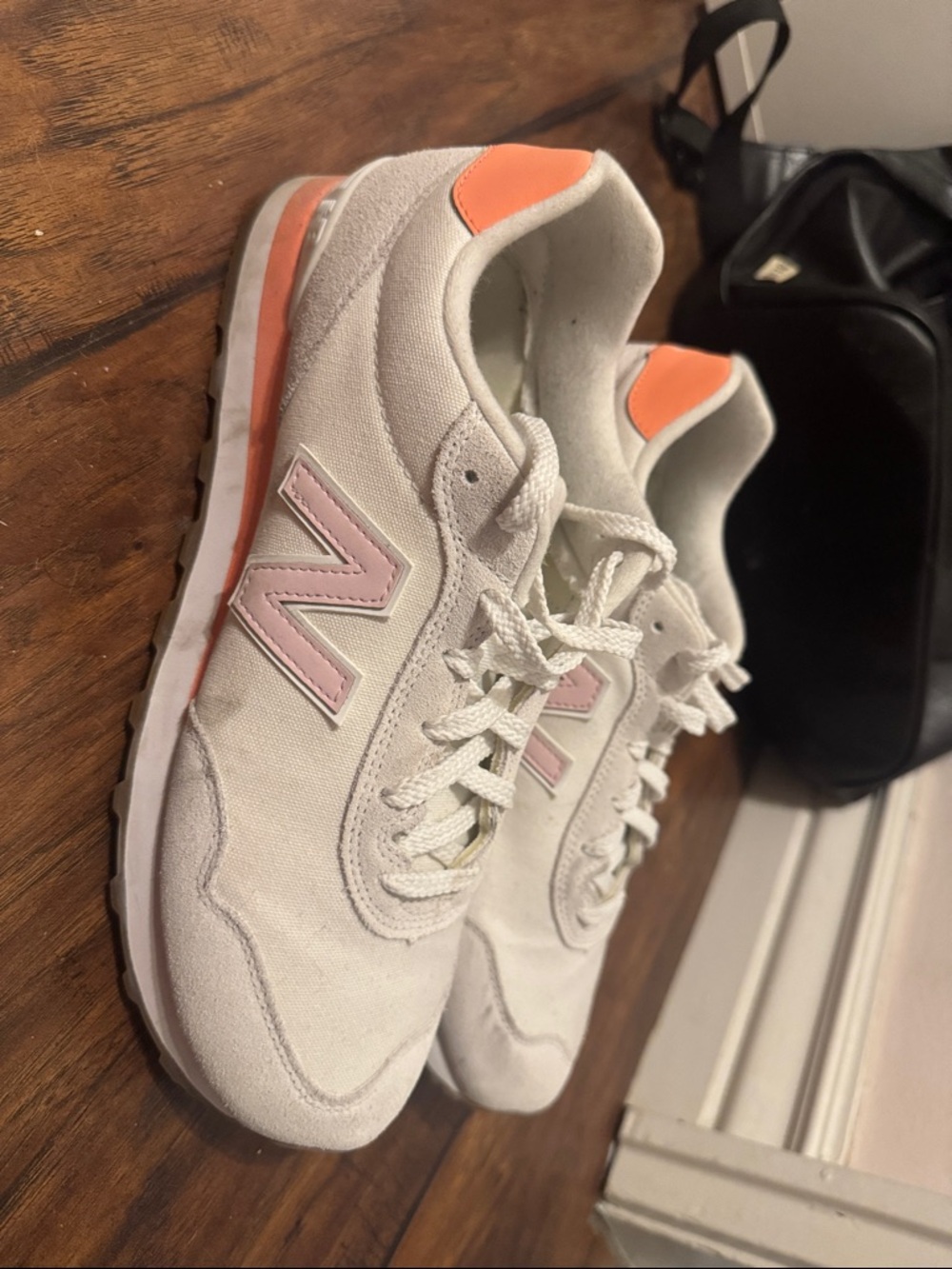 New Balance Women's 515 White Sneakers with Pink N Logo and Coral Accents